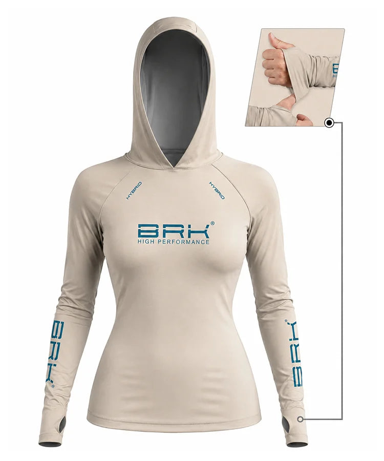 Camisa de Pesca Feminina Brk com Capuz Hybrid Bege Claro Liso com Proteção Solar UV50+