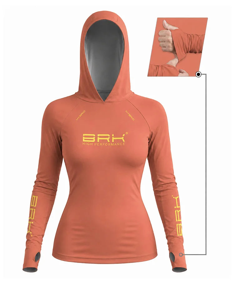 Camisa de Pesca Feminina Brk com Capuz Hybrid Laranja Coral Liso com Proteção Solar UV50+