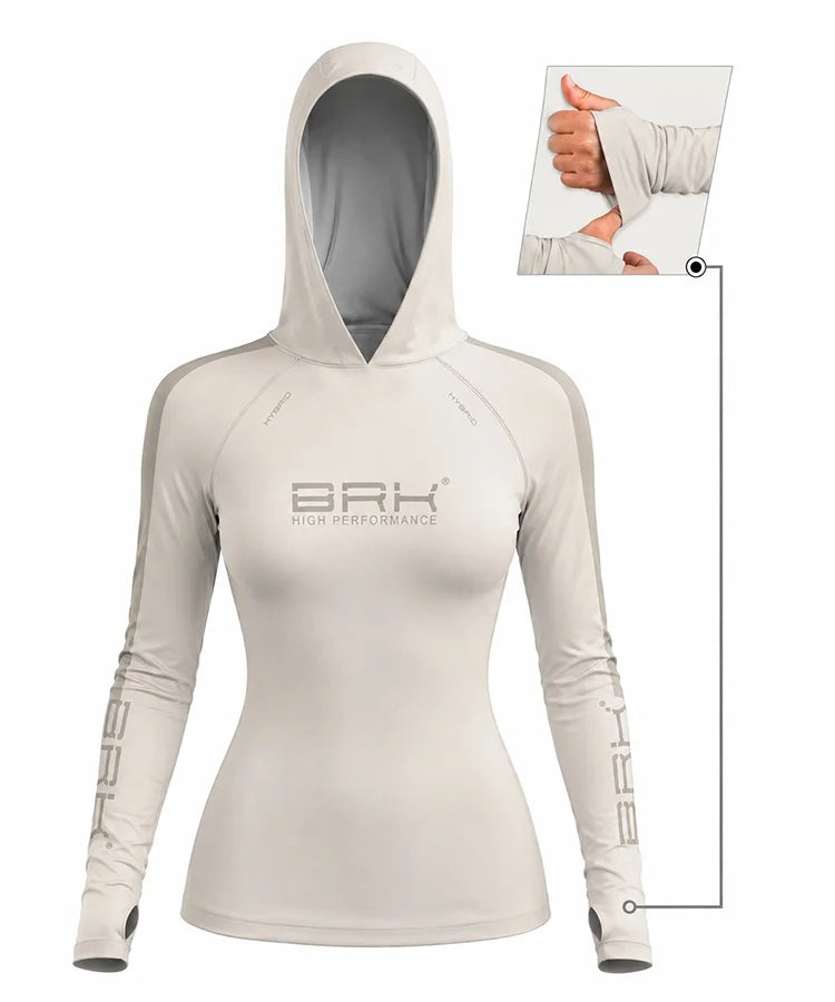 Camisa de Pesca Feminina Brk com Capuz Hybrid Off White Liso com Proteção Solar UV50+