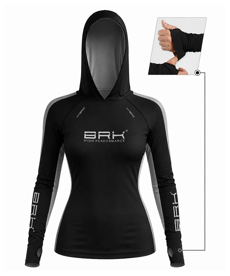 Camisa de Pesca Feminina Brk com Capuz Hybrid Preto com Cinza Fusion com Proteção Solar UV50+