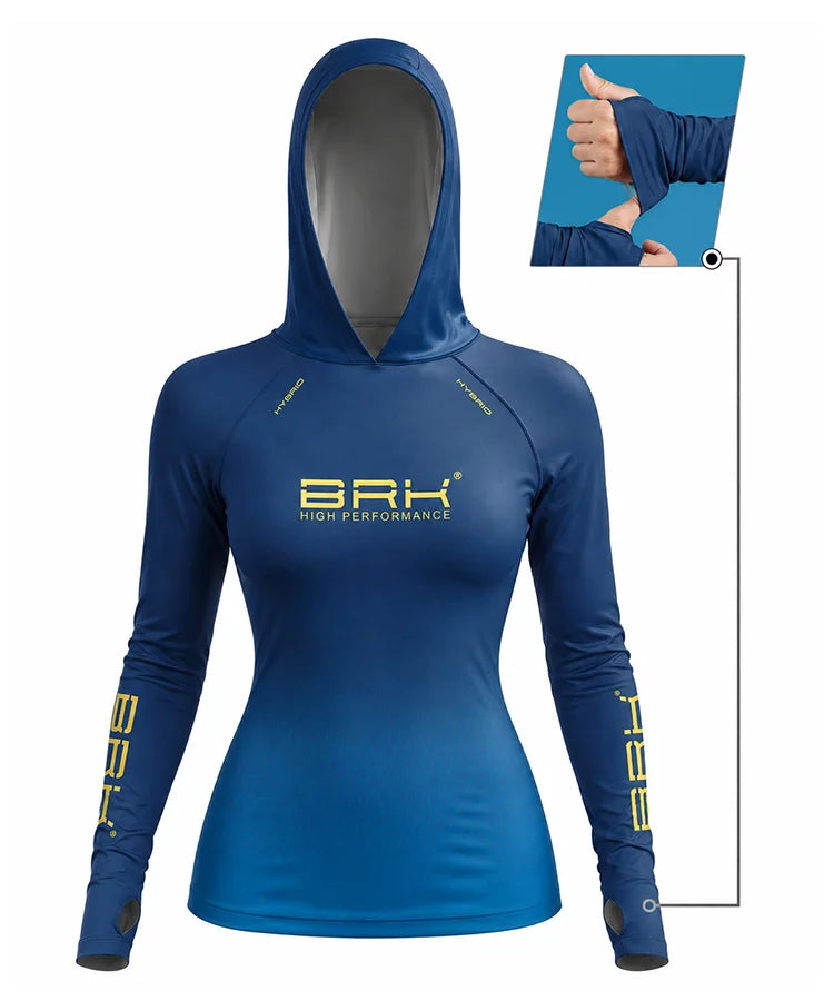 Camisa de Pesca Feminina Brk com Capuz Hybrid Azul Marinho com Degradê Honeycomb com Proteção Solar UV50+