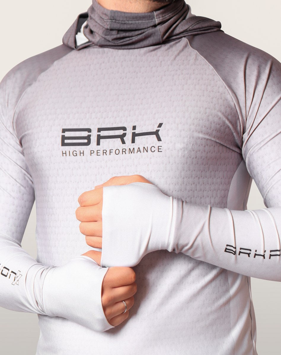 Camisa FusionX Brk Clean Branca e Cinza com Capuz e Proteção UV50+ Brk Fishing