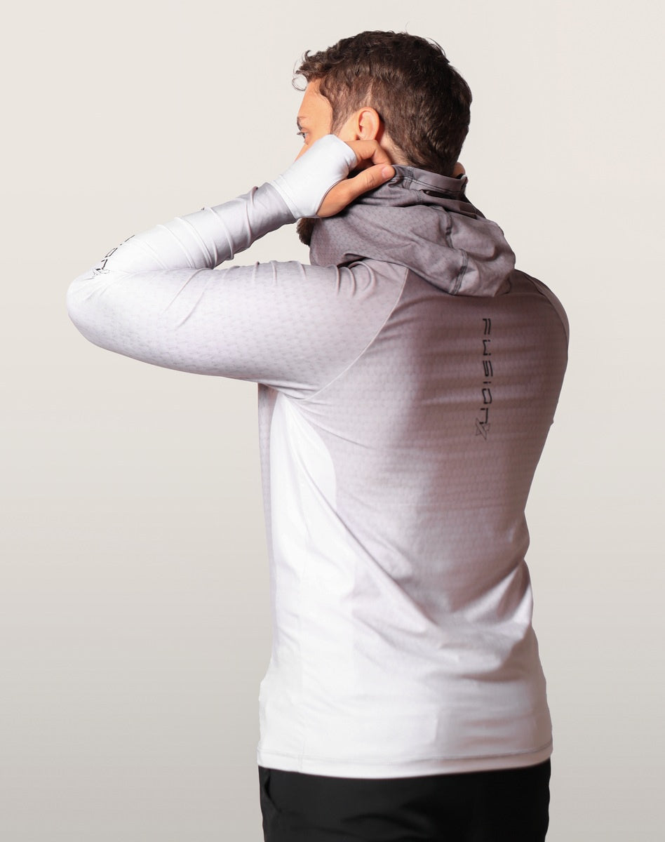 Camisa FusionX Brk Clean Branca e Cinza com Capuz e Proteção UV50+ Envio Imediato Brk Fishing