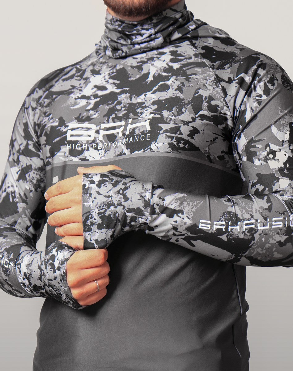 Camisa FusionX Brk Marine Camu Chumbo com Capuz e Proteção UV50+ - Brk Fishing