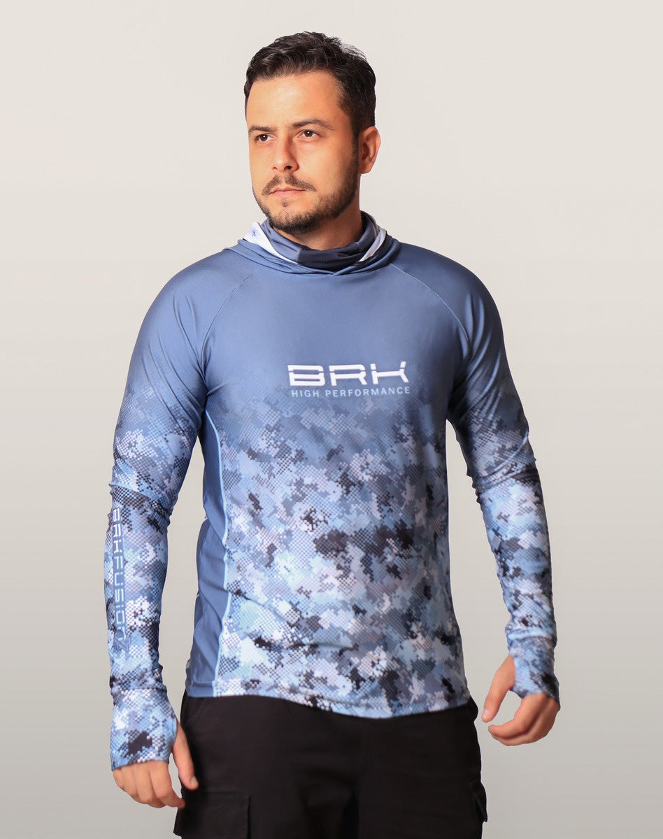 Camisa FusionX Brk Deep Camuflada Azul com Capuz e Proteção UV50+ - Brk Fishing