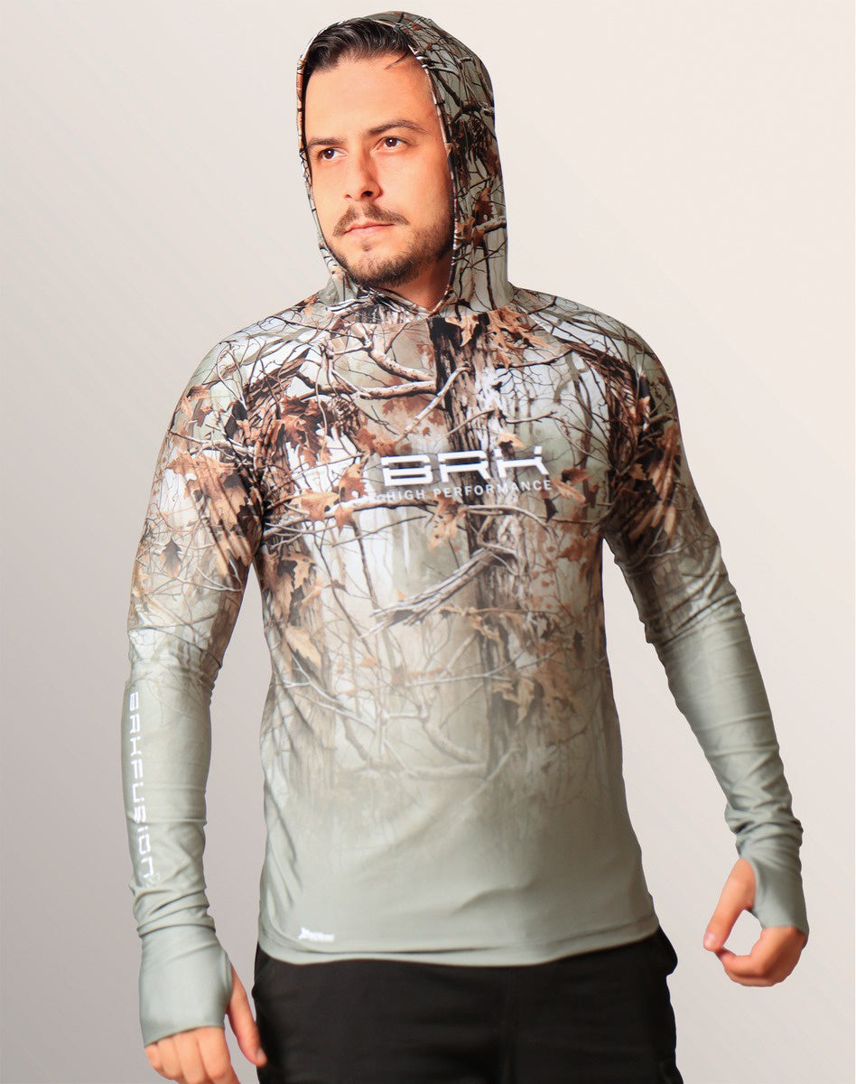Camisa FusionX Brk Hunter Real Tree Camuflado com Capuz e Proteção UV50+ Brk Fishing