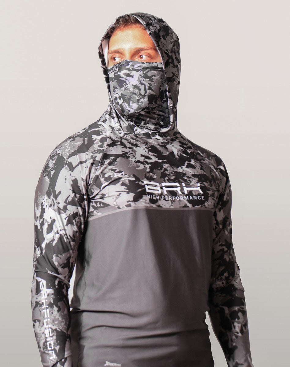 Camisa FusionX Brk Marine Camu Chumbo com Capuz e Proteção UV50+ - Brk Fishing