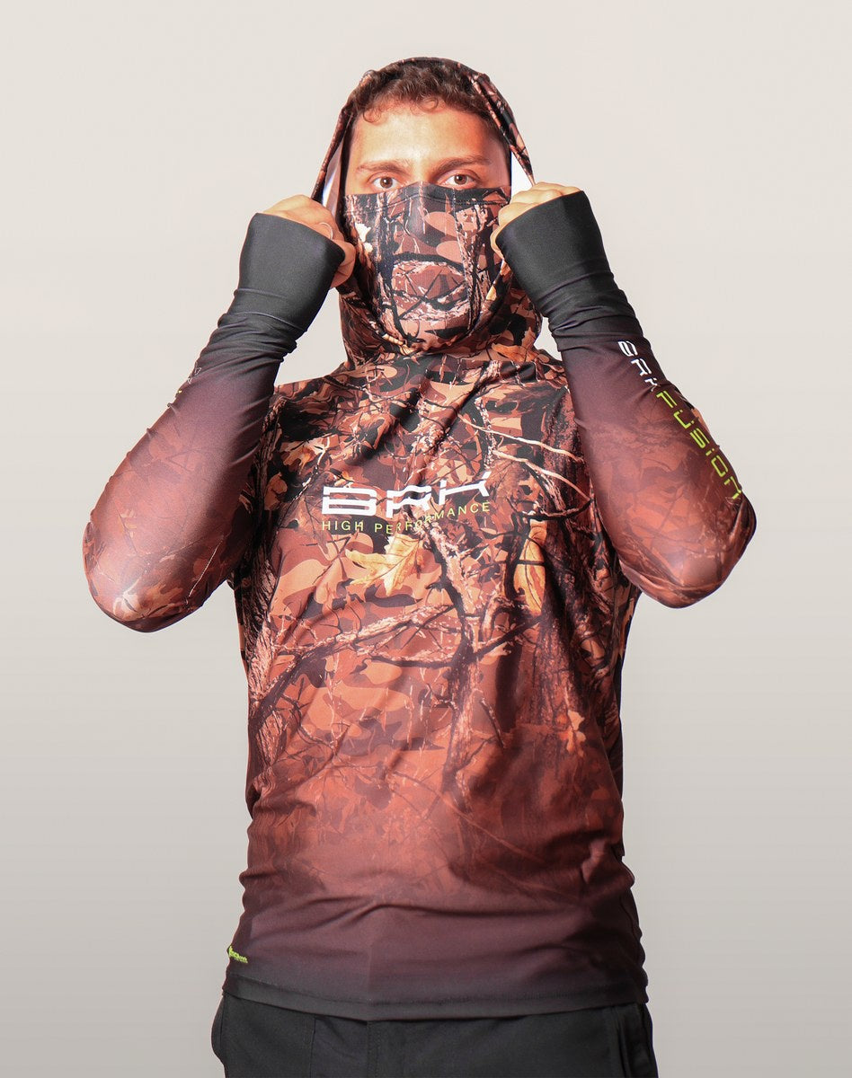Camisa FusionX Brk Hunter Camuflada Galhos Marrom com Capuz e Proteção UV50+ - Brk Fishing
