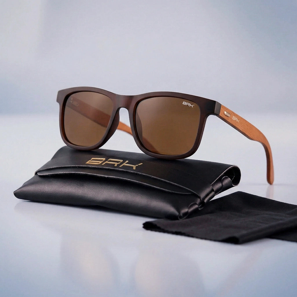 Óculos de Sol Brk Quadrado Marrom com Haste em Madeira e Lente Polarizada Marrom UV400