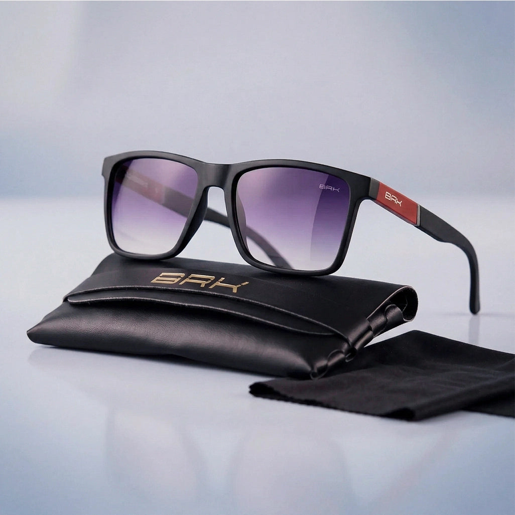 Óculos de Sol Brk Quadrado Esportivo Preto com Detalhe Vermelho e Lente Polarizada Fumê Degradê UV400