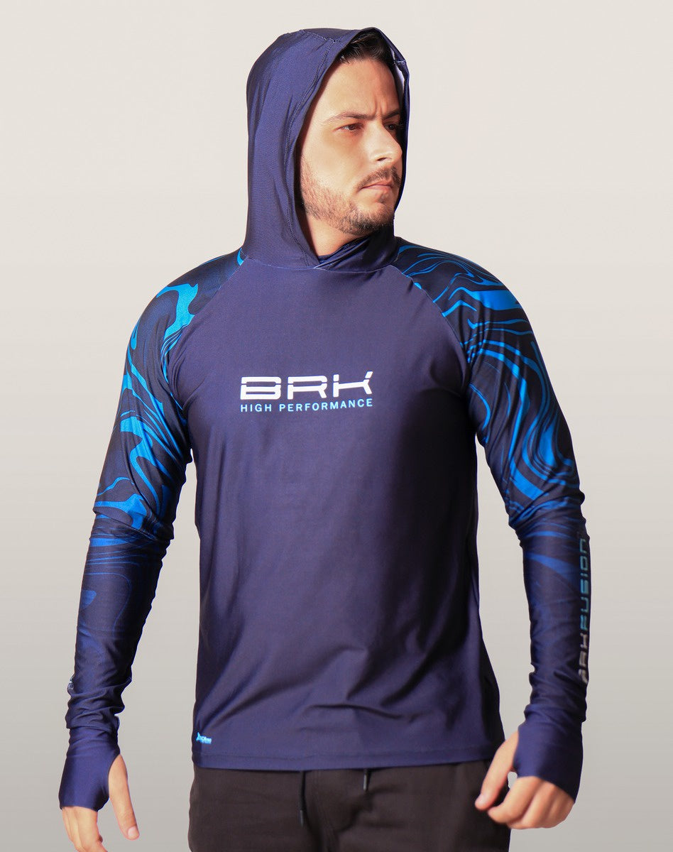 Camisa FusionX Brk Camo Distorções Azul com Capuz e Proteção UV50+ - Brk Fishing