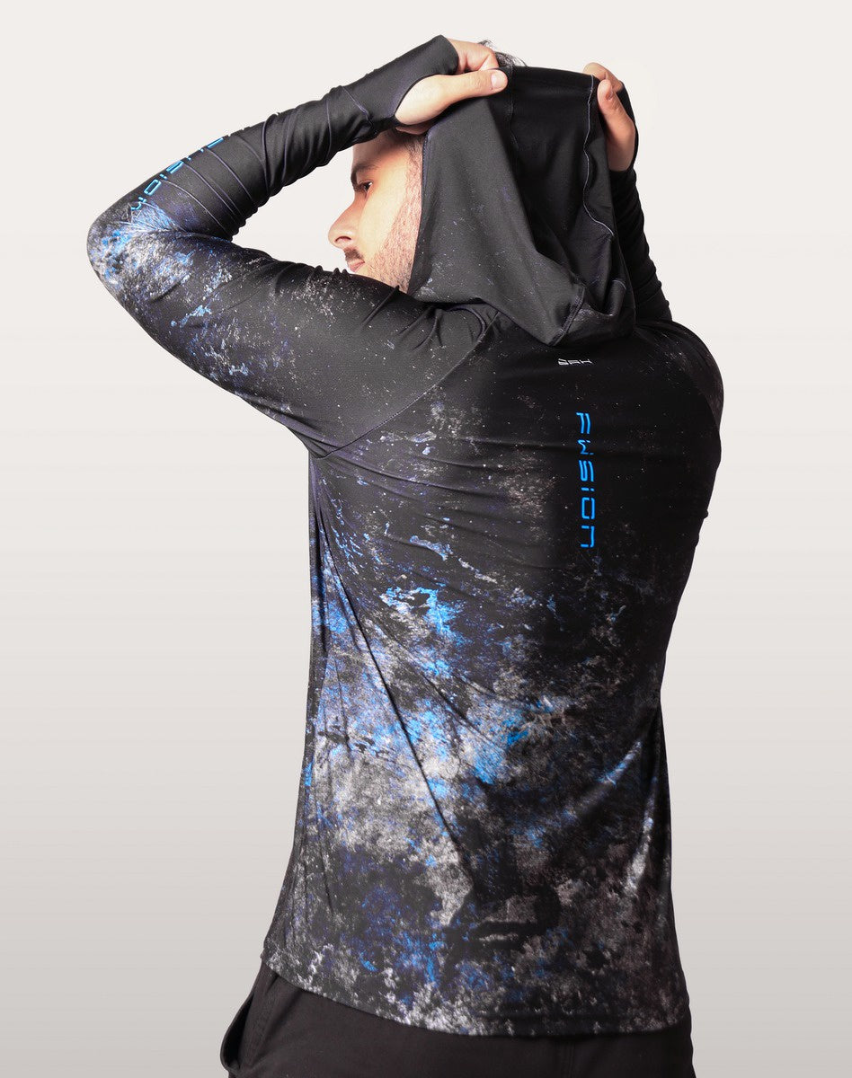 Camisa FusionX Brk Galaxy Preta e Azul com Capuz e Proteção UV50+ - Brk Fishing