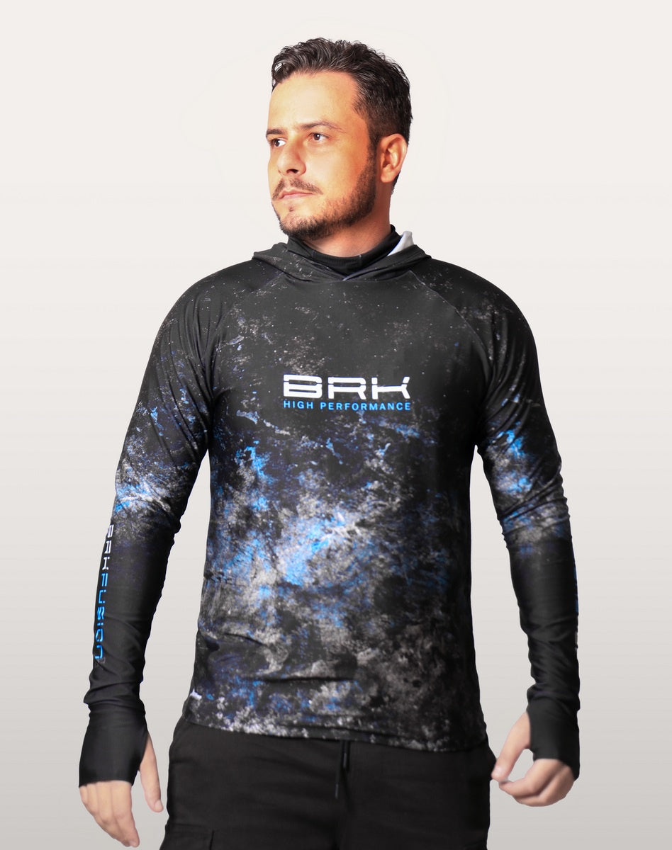 Camisa FusionX Brk Galaxy Preta e Azul com Capuz e Proteção UV50+ - Brk Fishing