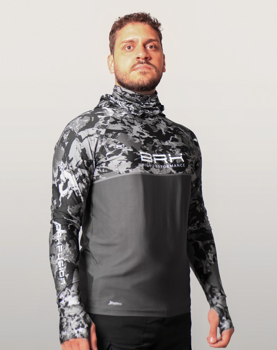Camisa FusionX Brk Marine Camu Chumbo com Capuz e Proteção UV50+ - Brk Fishing