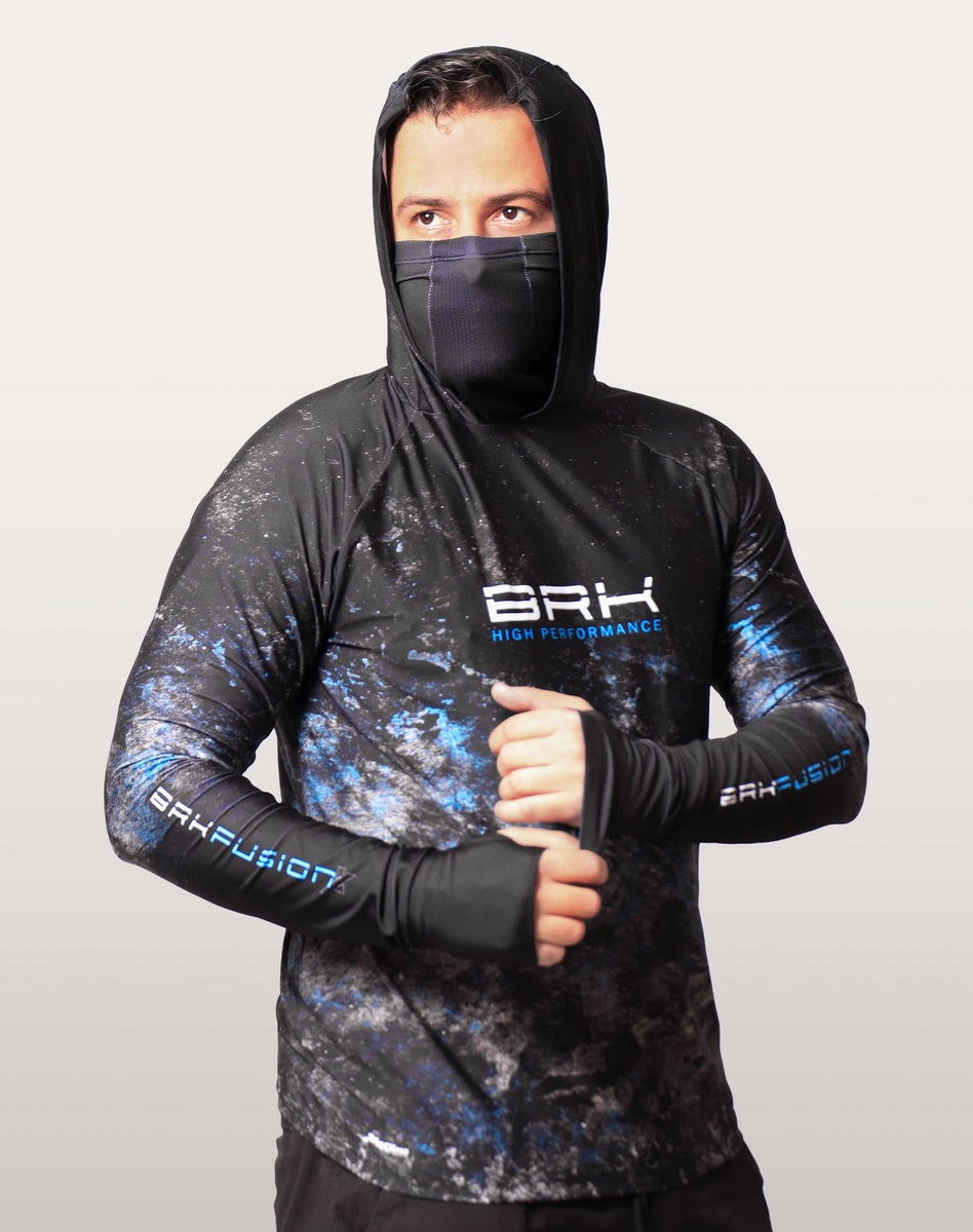 Camisa FusionX Brk Galaxy Preta e Azul com Capuz e Proteção UV50+ - Brk Fishing