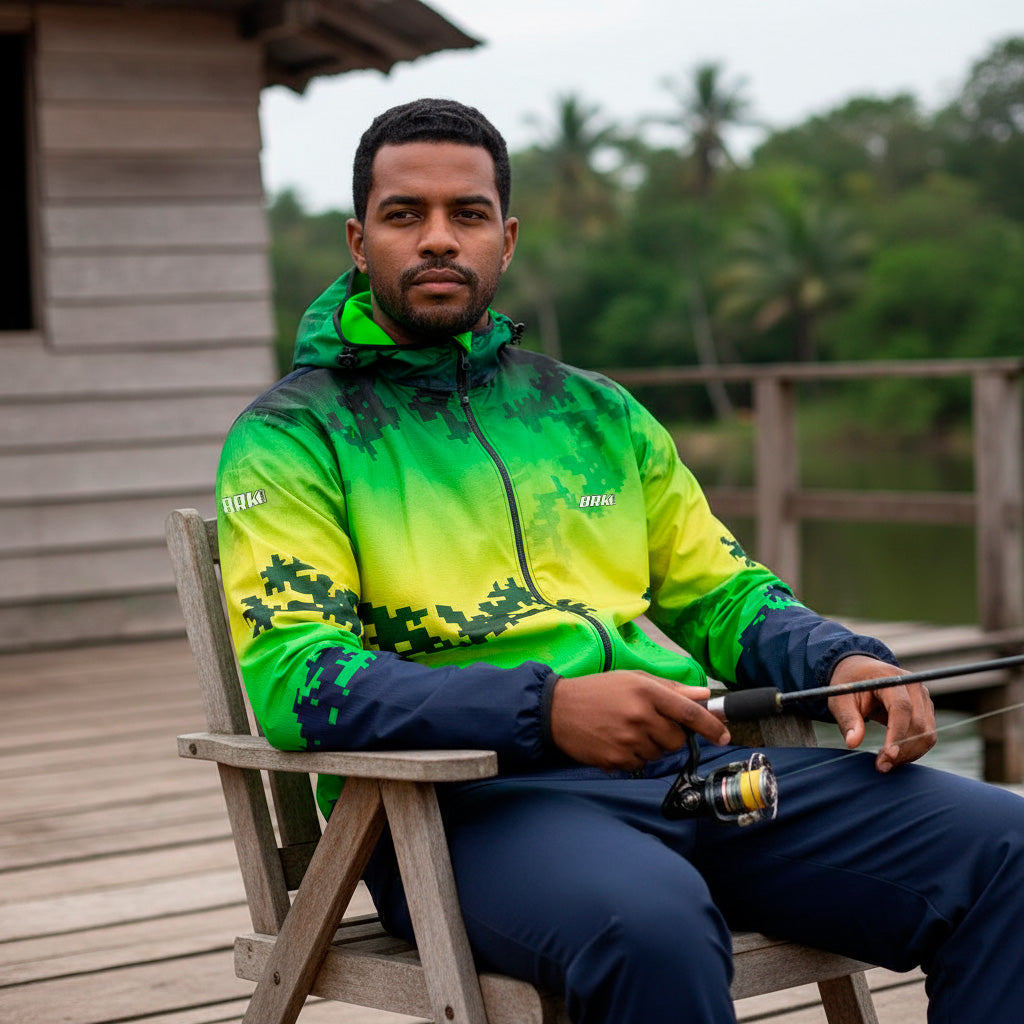 Jaqueta Corta Vento Brk Camuflado Brasil Repelente à Água com UV50 Brk Fishing