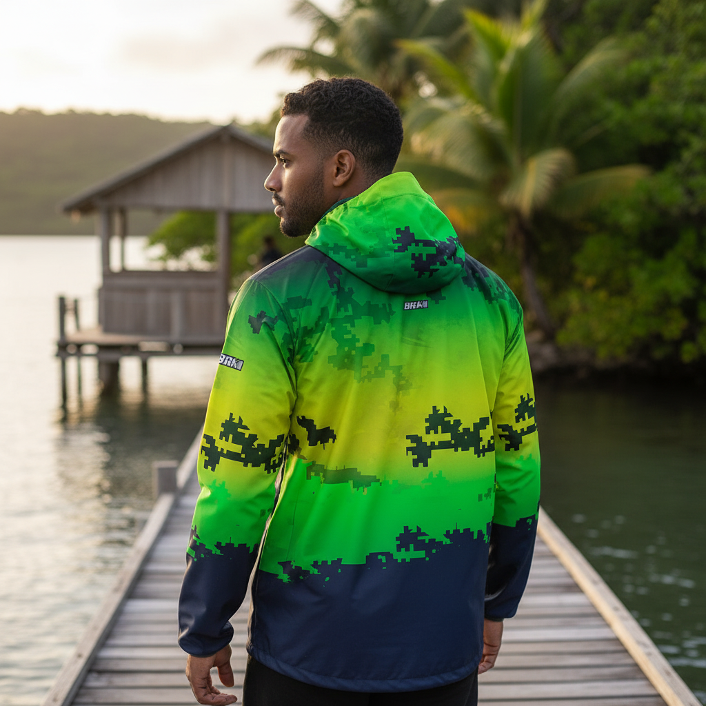 Jaqueta Corta Vento Brk Camuflado Brasil Repelente à Água com UV50 Brk Fishing