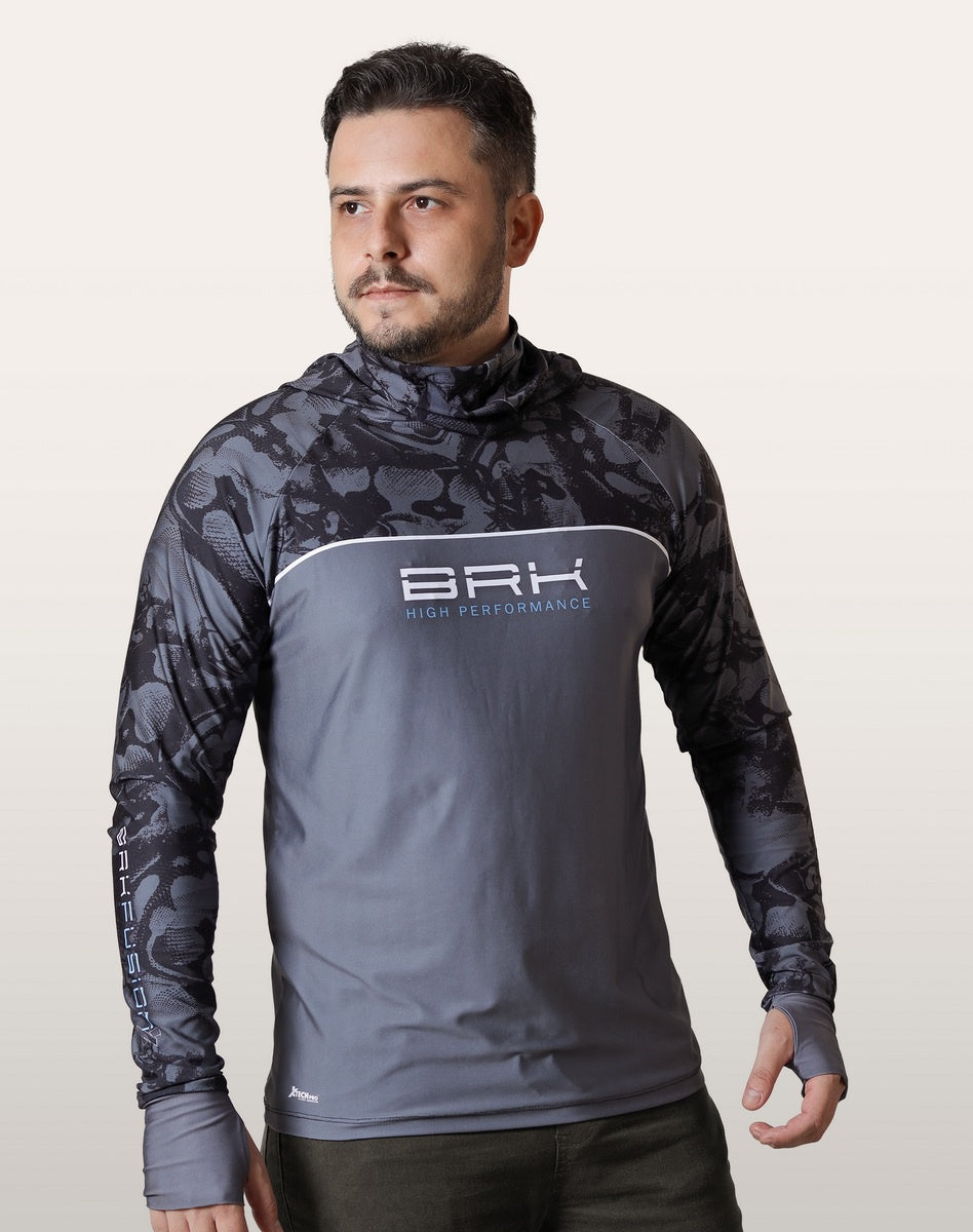 Camisa FusionX Brk Deep Camuflada Parcial Cinza com Capuz e Proteção UV50+ Envio Imediato Brk Fishing