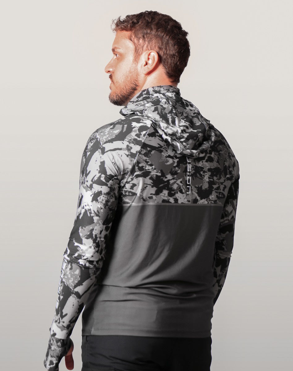 Camisa FusionX Brk Marine Camu Chumbo com Capuz e Proteção UV50+ - Brk Fishing