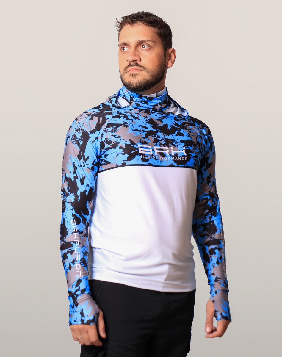 Camisa FusionX Brk Marine Camuflada Azul Branco com Capuz e Proteção UV50+ Brk Fishing