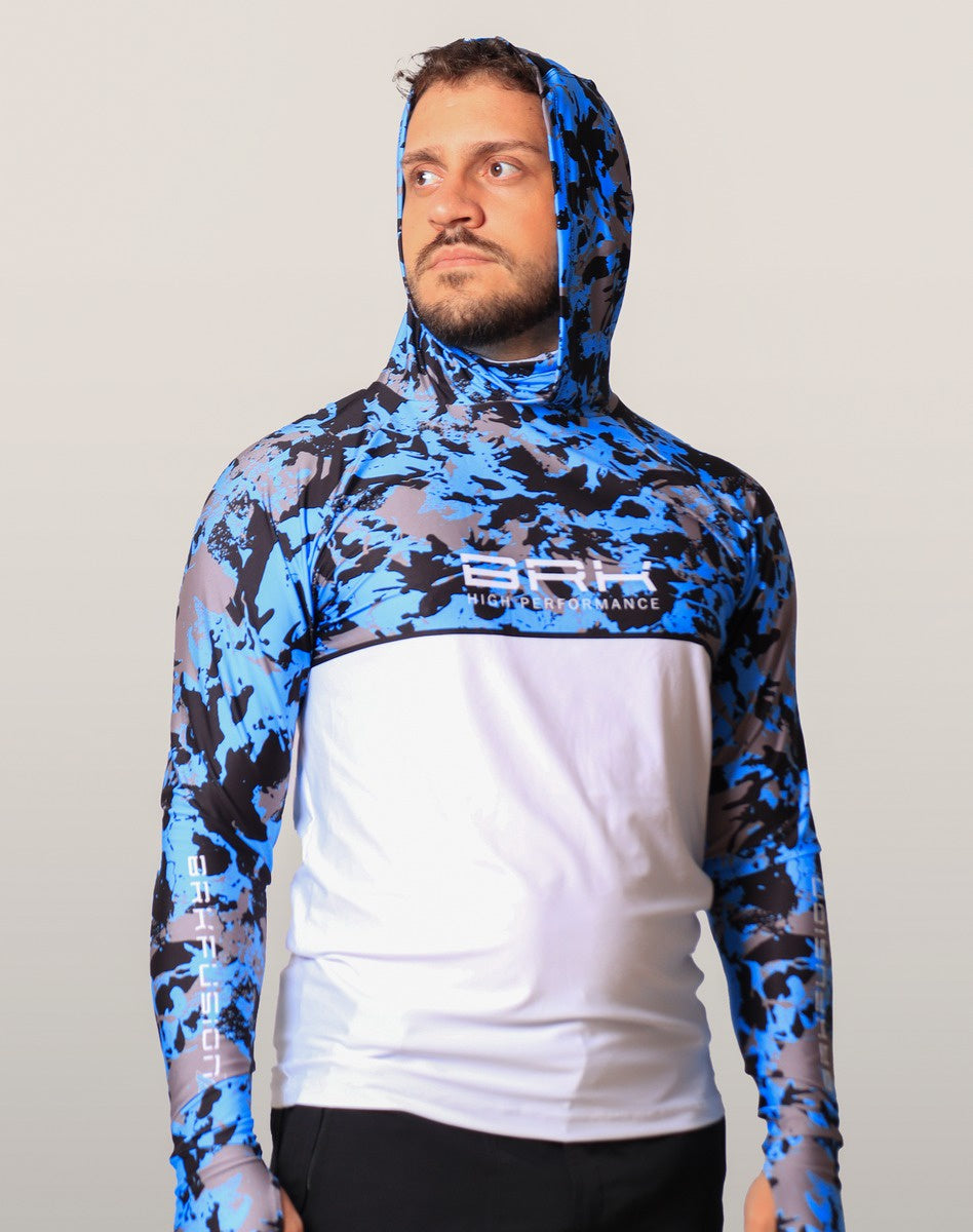Camisa FusionX Brk Marine Camuflada Azul Branco com Capuz e Proteção UV50+ Envio Imediato Brk Fishing