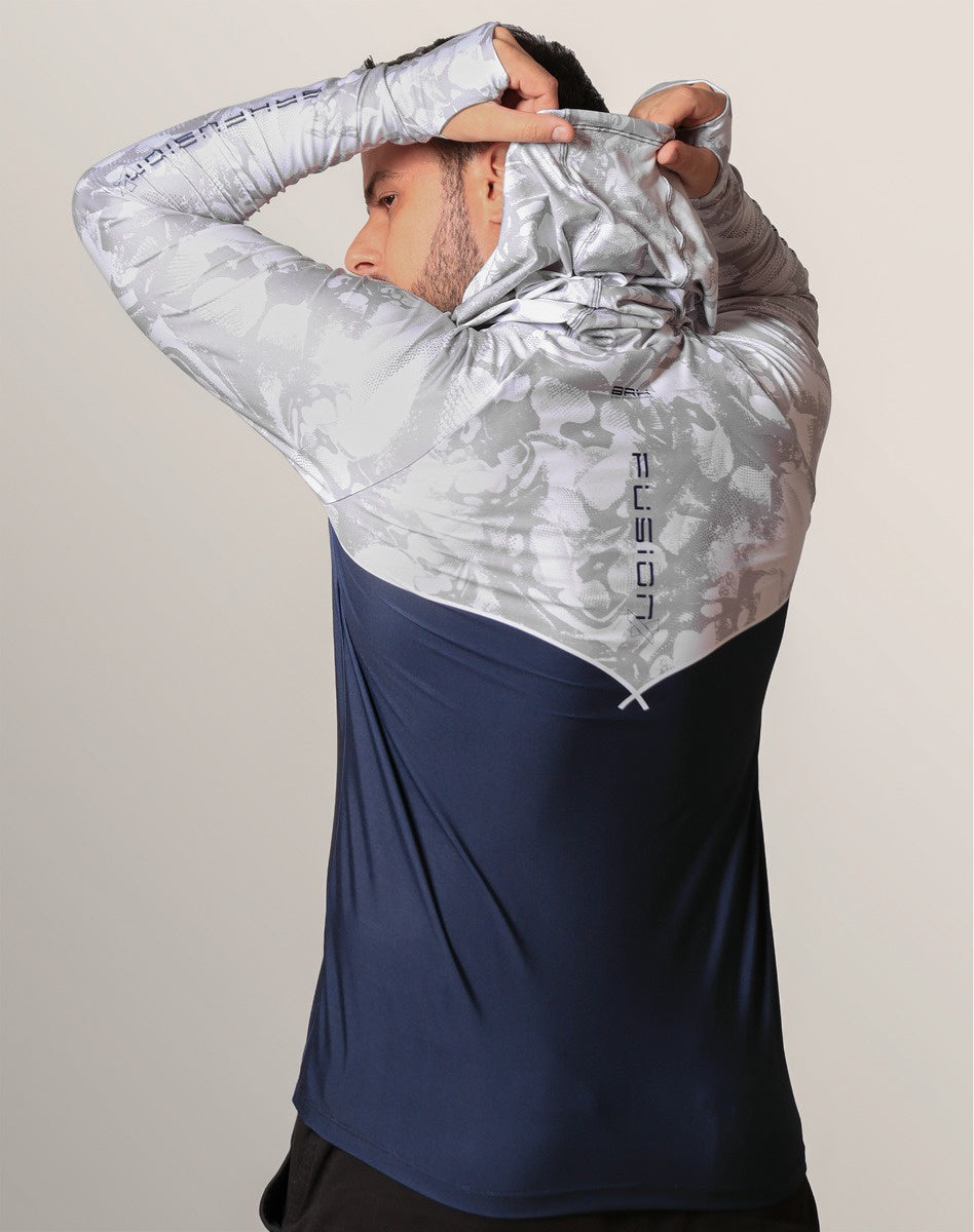 Camisa FusionX Brk Deep Camuflada Branco Azul com Capuz e Proteção UV50+ - Brk Fishing