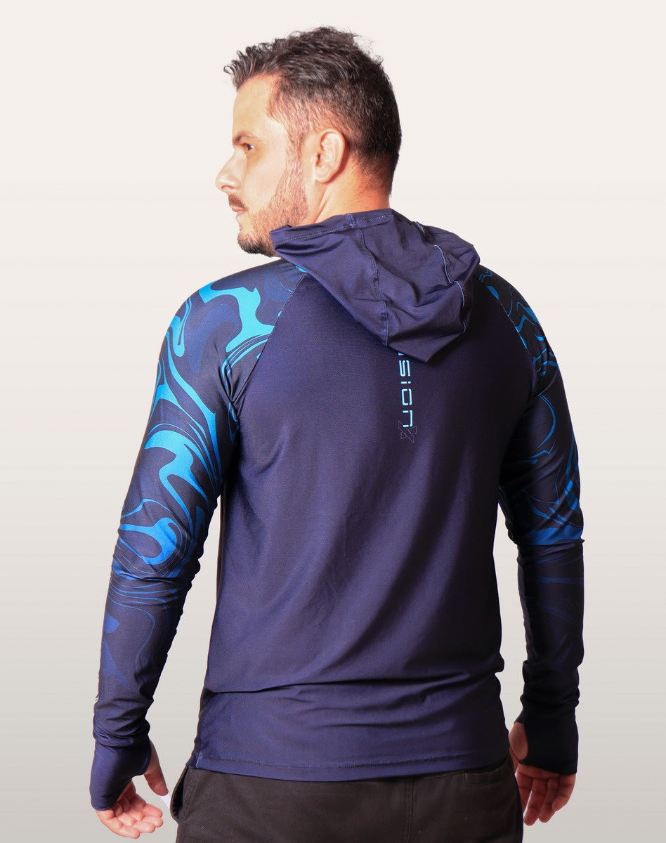Camisa FusionX Brk Camo Distorções Azul com Capuz e Proteção UV50+ - Brk Fishing