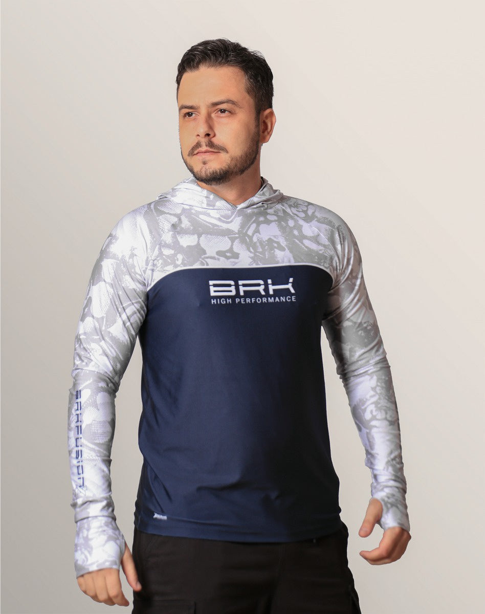 Camisa FusionX Brk Deep Camuflada Branco Azul com Capuz e Proteção UV50+ - Brk Fishing