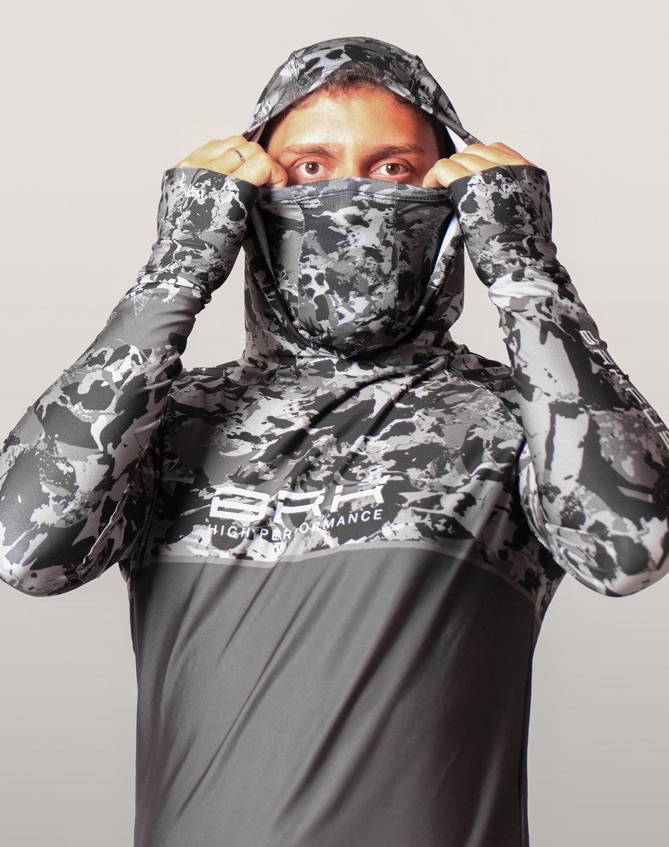 Camisa FusionX Brk Marine Camu Chumbo com Capuz e Proteção UV50+ - Brk Fishing