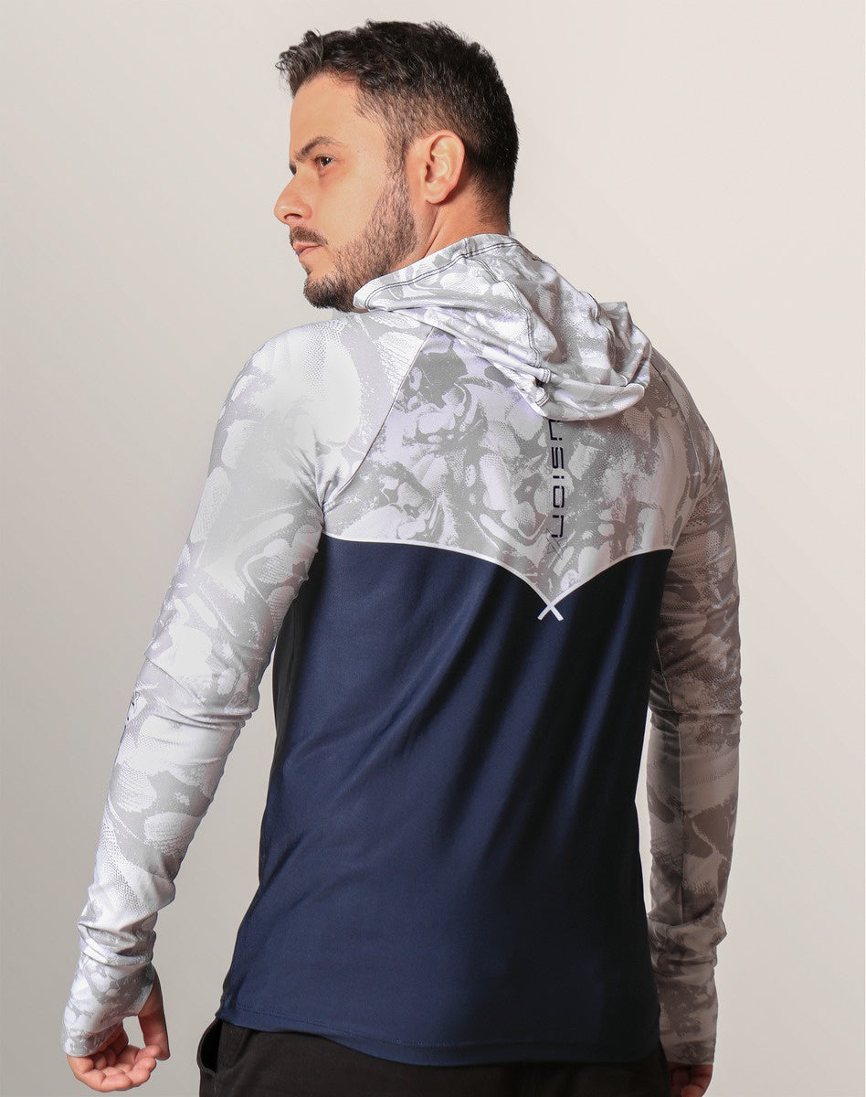 Camisa FusionX Brk Deep Camuflada Branco Azul com Capuz e Proteção UV50+ - Brk Fishing