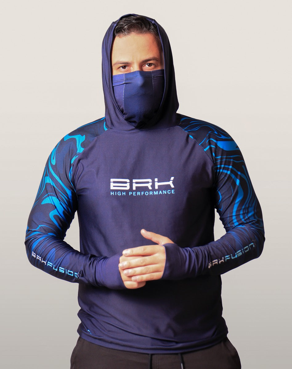 Camisa FusionX Brk Camo Distorções Azul com Capuz e Proteção UV50+ - Brk Fishing