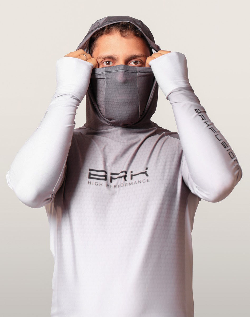 Camisa FusionX Brk Clean Branca e Cinza com Capuz e Proteção UV50+ Envio Imediato Brk Fishing