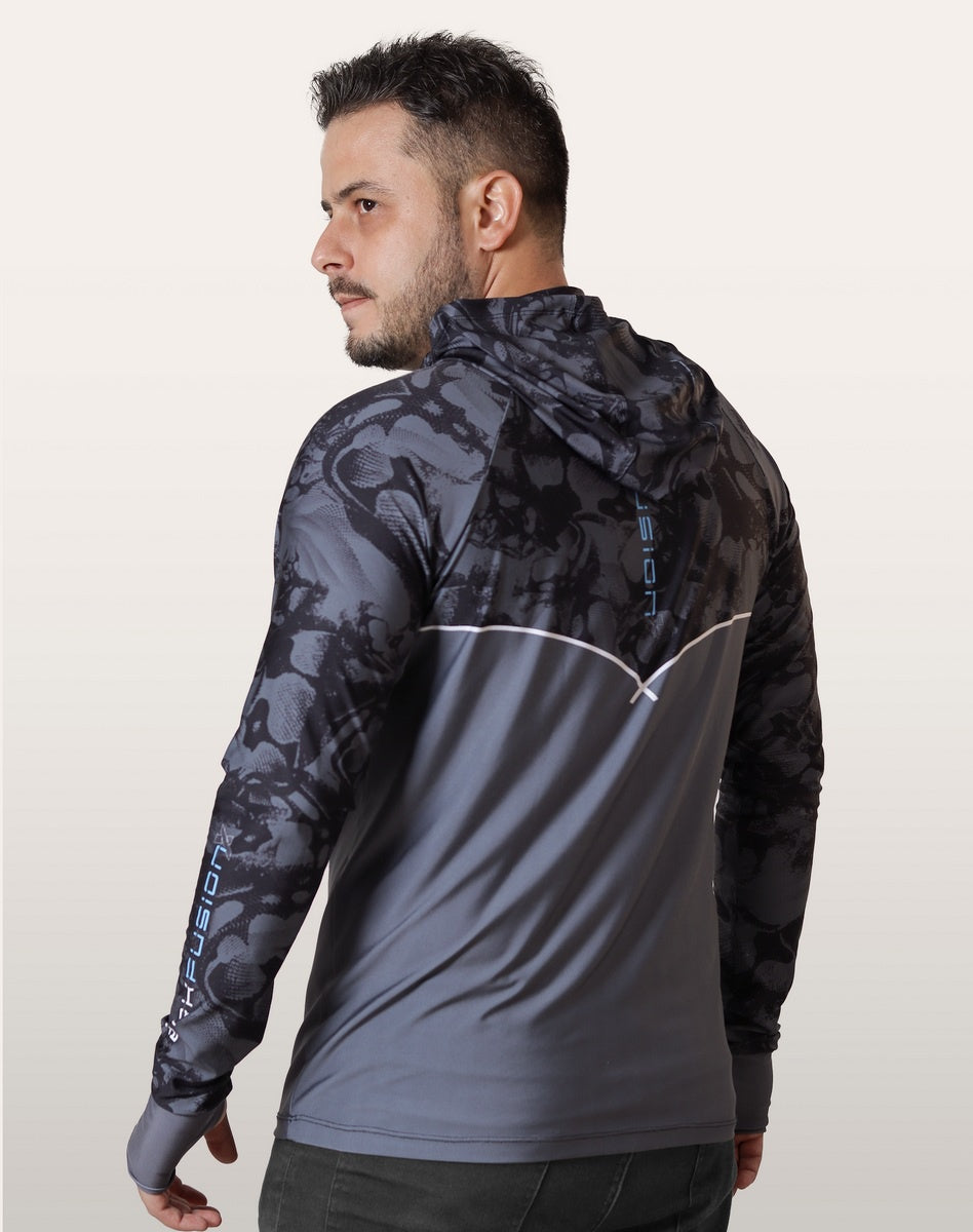 Camisa FusionX Brk Deep Camuflada Parcial Cinza com Capuz e Proteção UV50+ - Brk Fishing