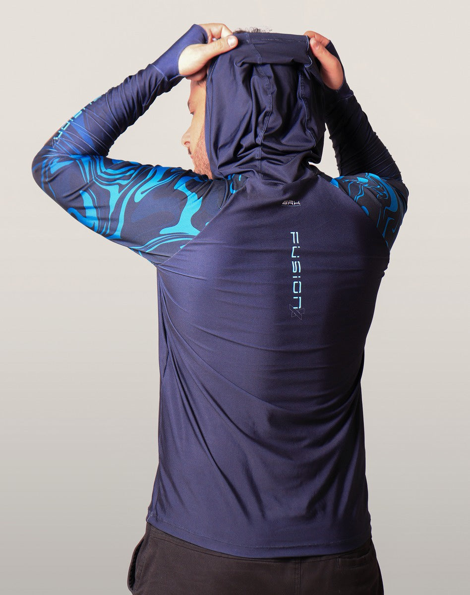 Camisa FusionX Brk Camo Distorções Azul com Capuz e Proteção UV50+ - Brk Fishing