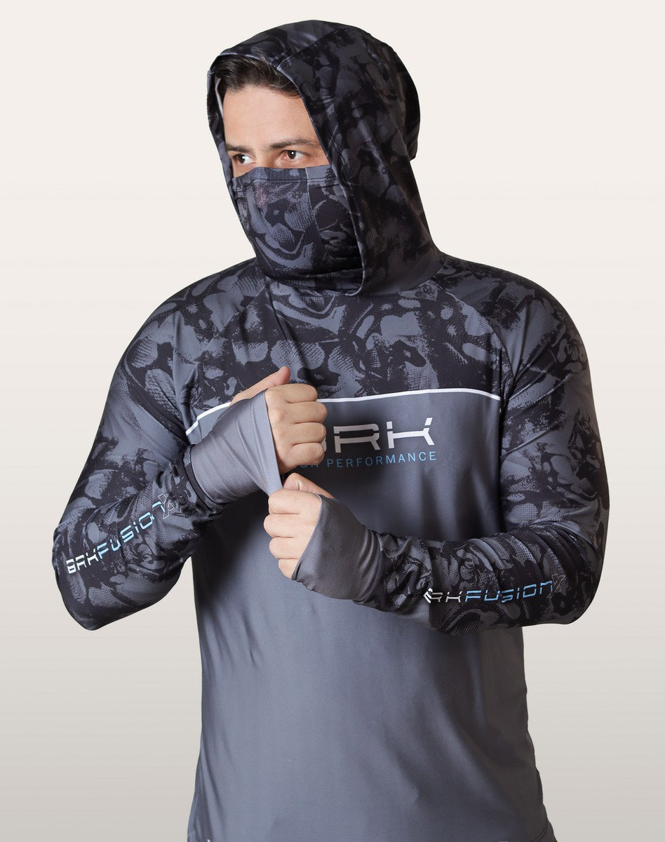 Camisa FusionX Brk Deep Camuflada Parcial Cinza com Capuz e Proteção UV50+ - Brk Fishing