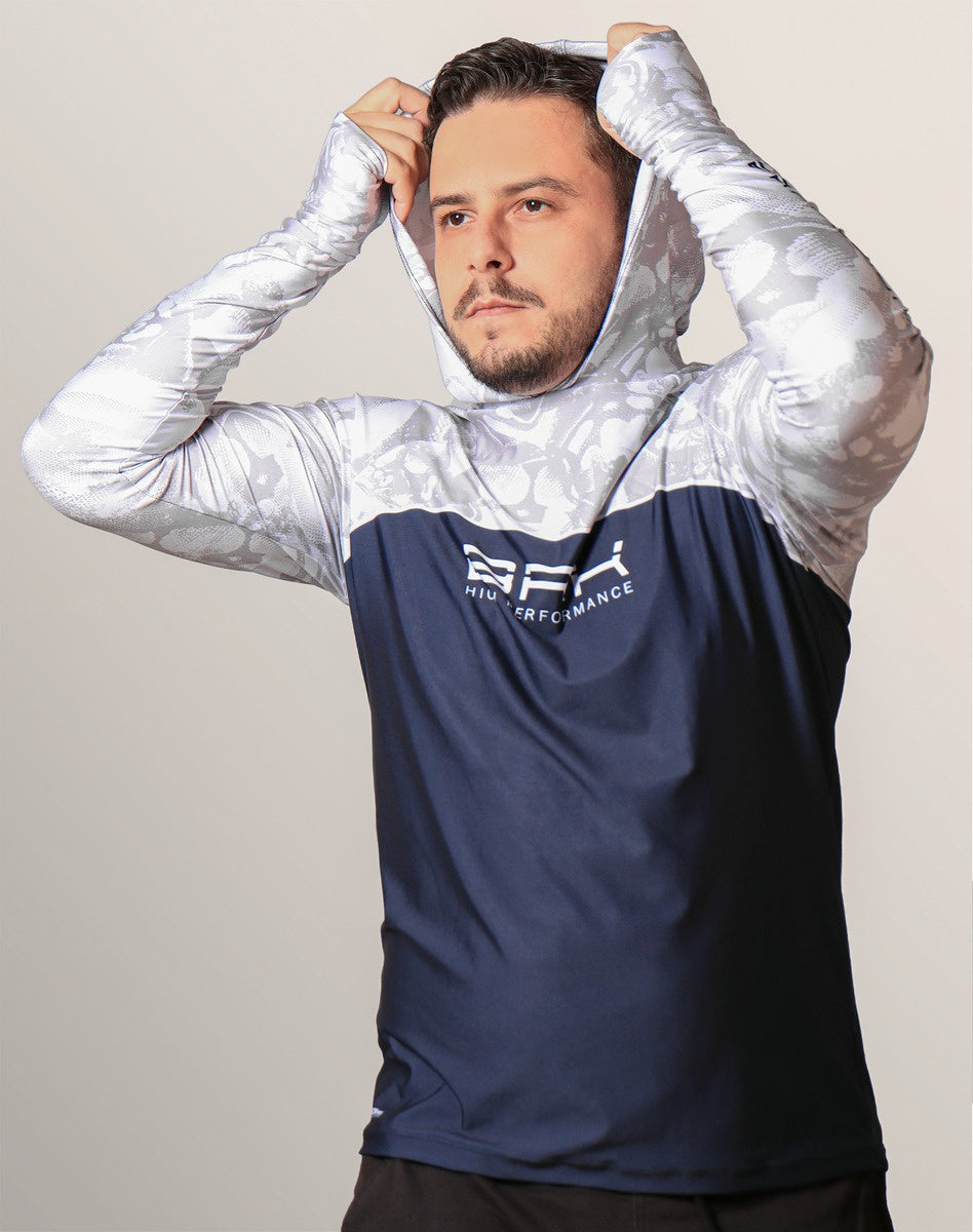 Camisa FusionX Brk Deep Camuflada Branco Azul com Capuz e Proteção UV50+ - Brk Fishing